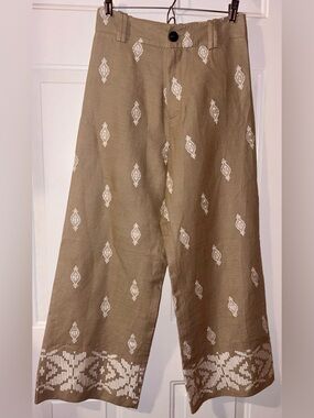 Zara Pants Beige Embroidered Wide Leg Cropped Boho Tribal Culotte XS